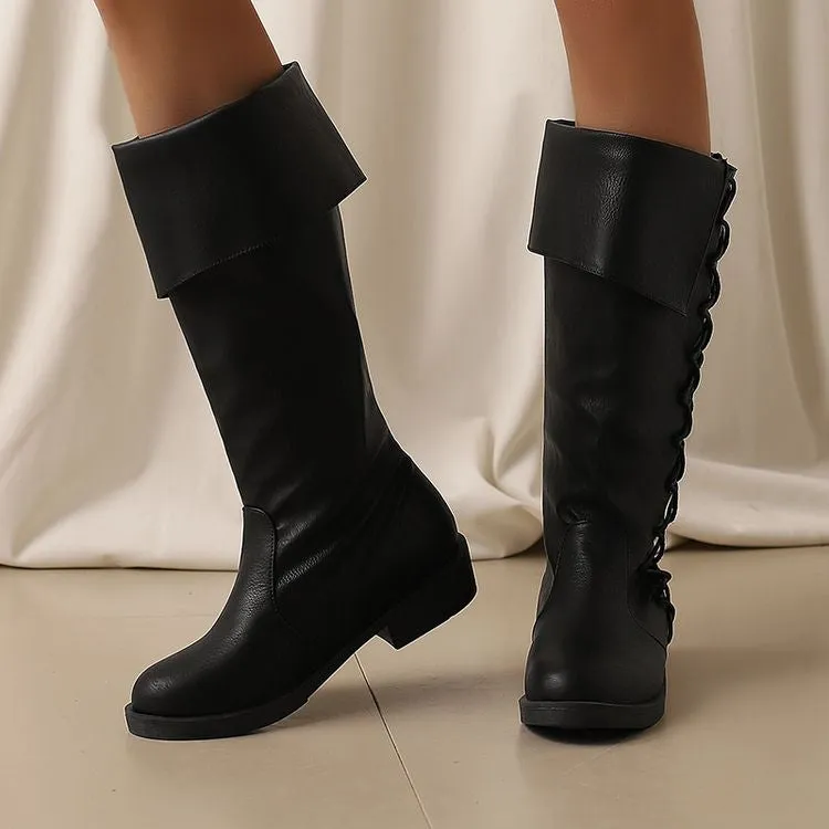 Women's Cross Straps Round Toe Knee High Boots