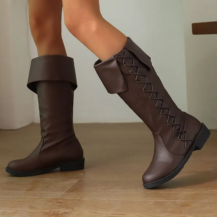 Women's Cross Straps Round Toe Knee High Boots