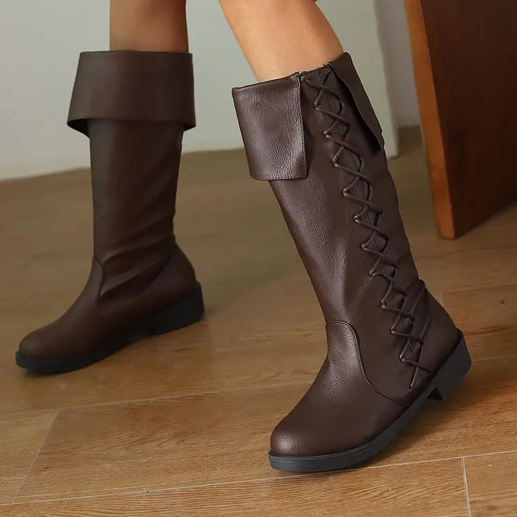 Women's Cross Straps Round Toe Knee High Boots