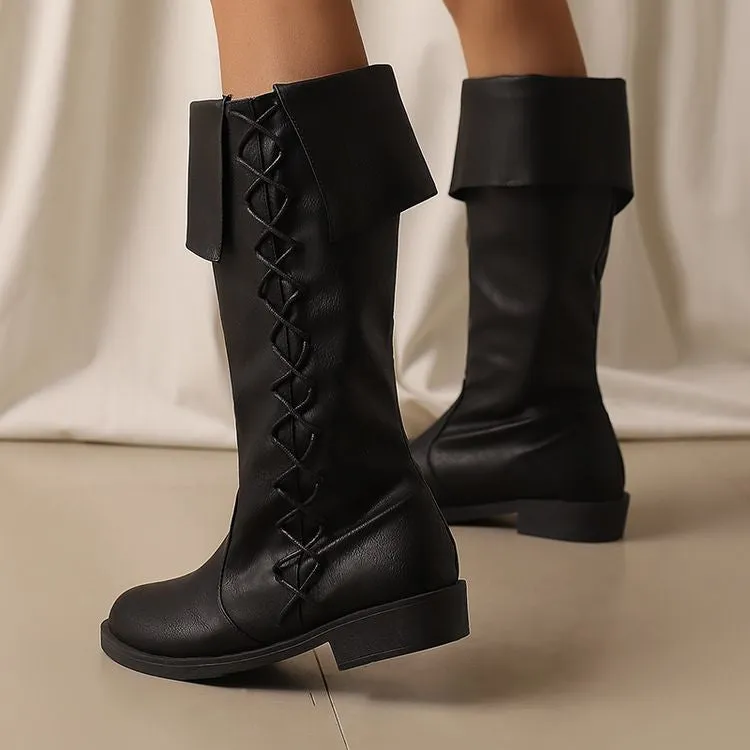 Women's Cross Straps Round Toe Knee High Boots