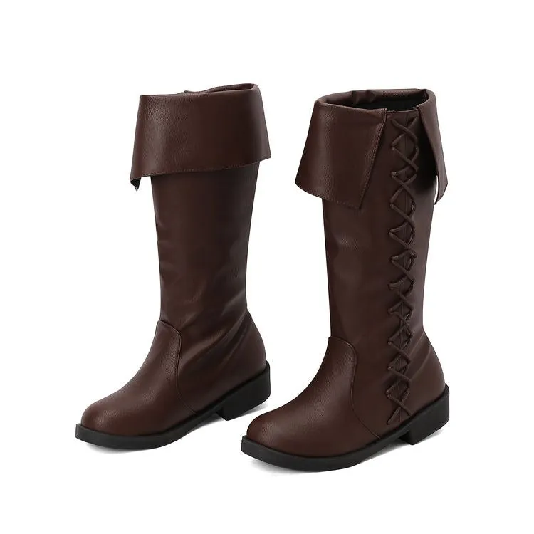 Women's Cross Straps Round Toe Knee High Boots