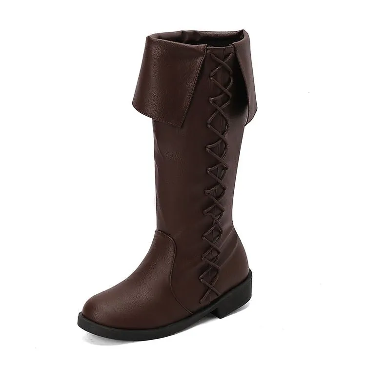 Women's Cross Straps Round Toe Knee High Boots