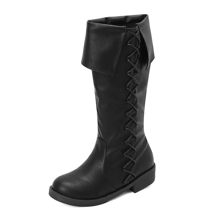 Women's Cross Straps Round Toe Knee High Boots