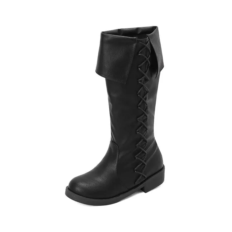 Women's Cross Straps Round Toe Knee High Boots
