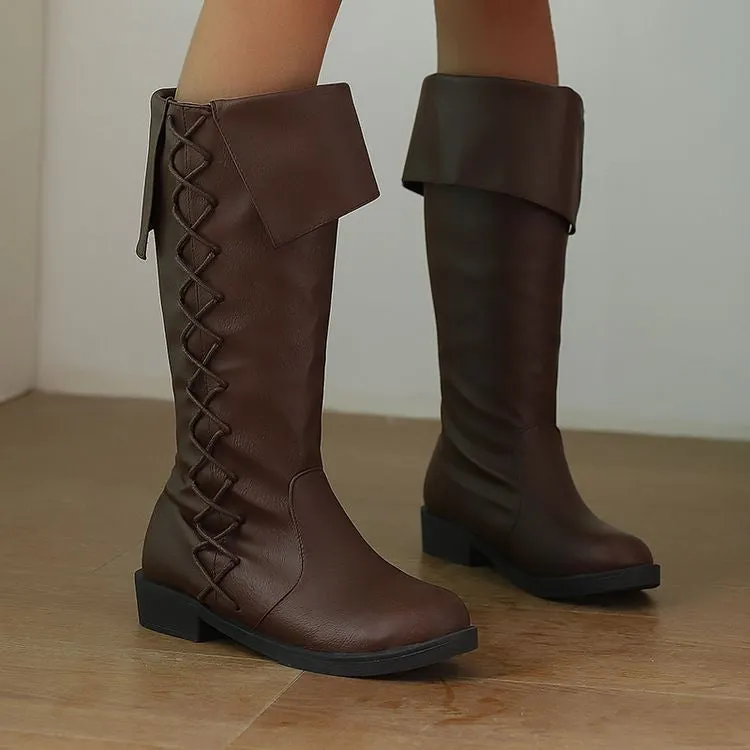 Women's Cross Straps Round Toe Knee High Boots
