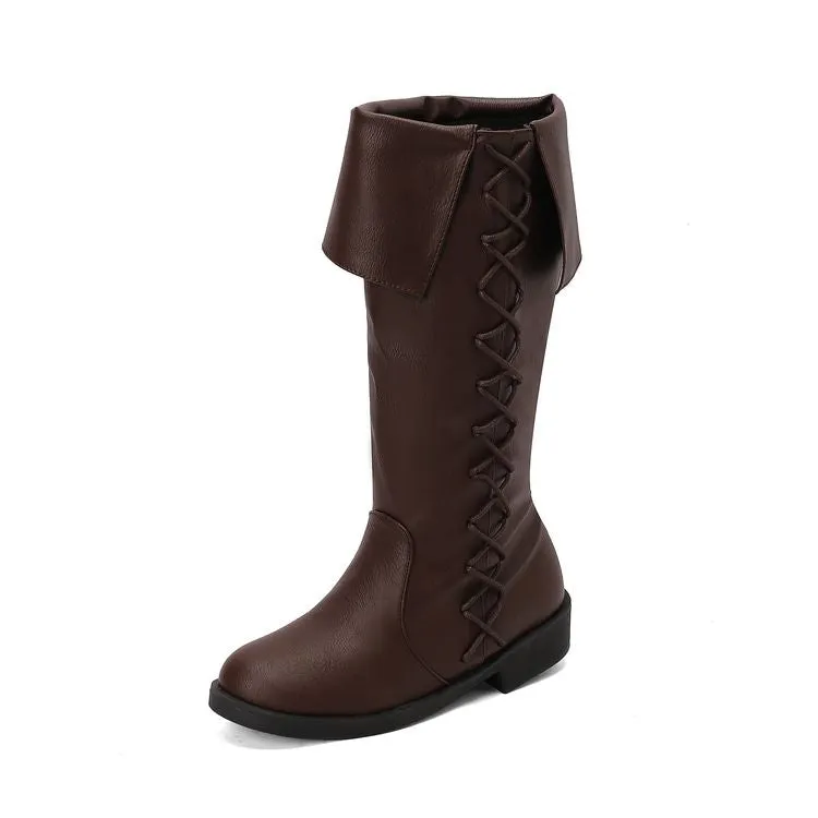 Women's Cross Straps Round Toe Knee High Boots