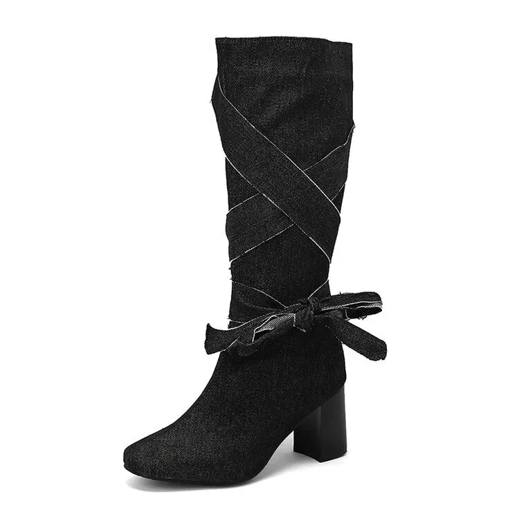 Women's Denim Bows Square Toe Block Heel Knee High Boots