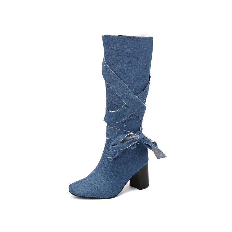 Women's Denim Bows Square Toe Block Heel Knee High Boots