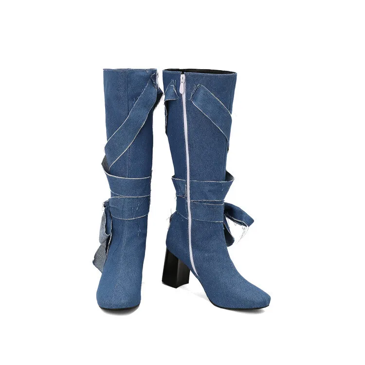 Women's Denim Bows Square Toe Block Heel Knee High Boots