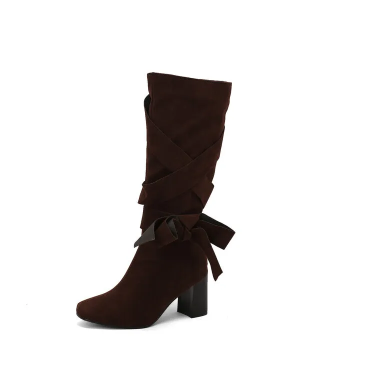 Women's Denim Bows Square Toe Block Heel Knee High Boots