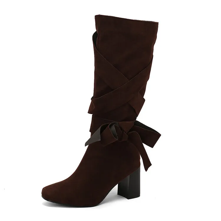 Women's Denim Bows Square Toe Block Heel Knee High Boots