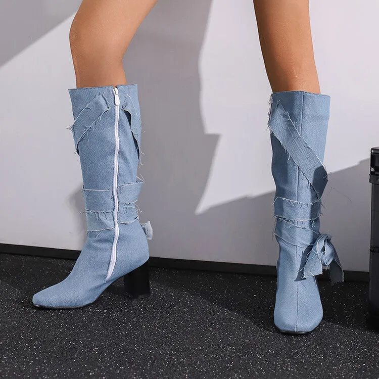 Women's Denim Bows Square Toe Block Heel Knee High Boots
