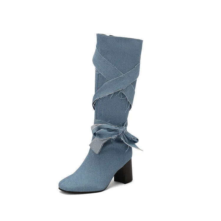 Women's Denim Bows Square Toe Block Heel Knee High Boots