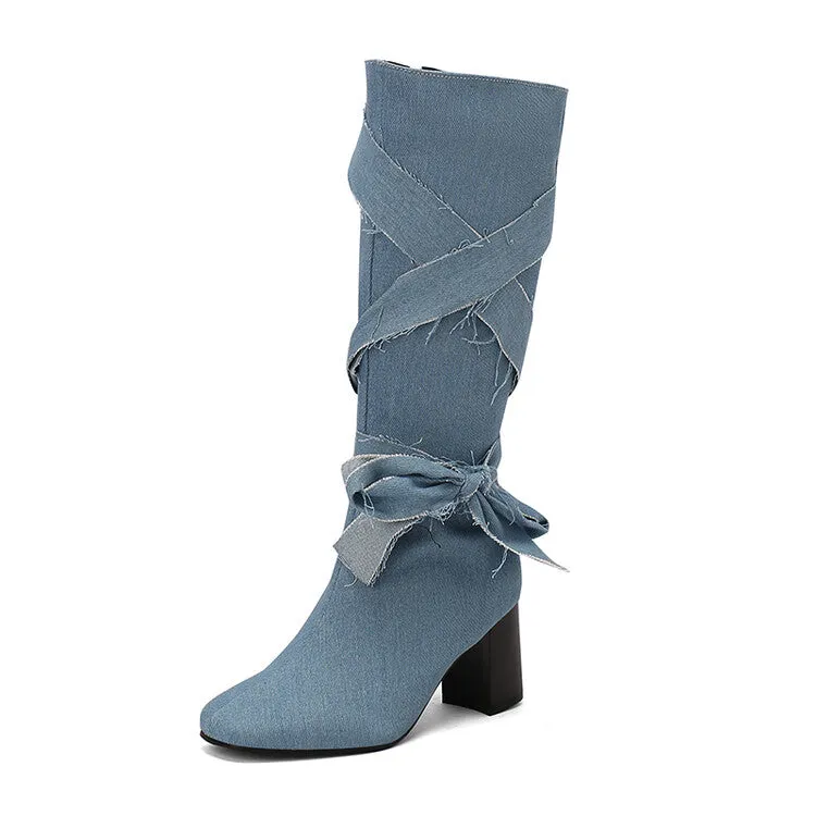 Women's Denim Bows Square Toe Block Heel Knee High Boots