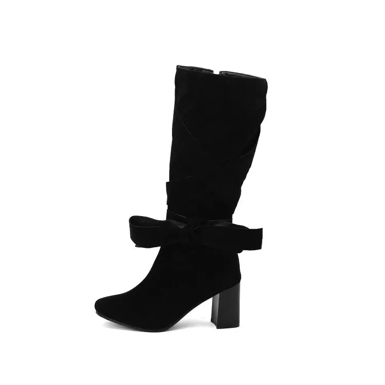 Women's Denim Bows Square Toe Block Heel Knee High Boots