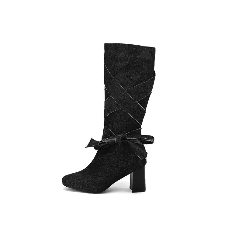 Women's Denim Bows Square Toe Block Heel Knee High Boots