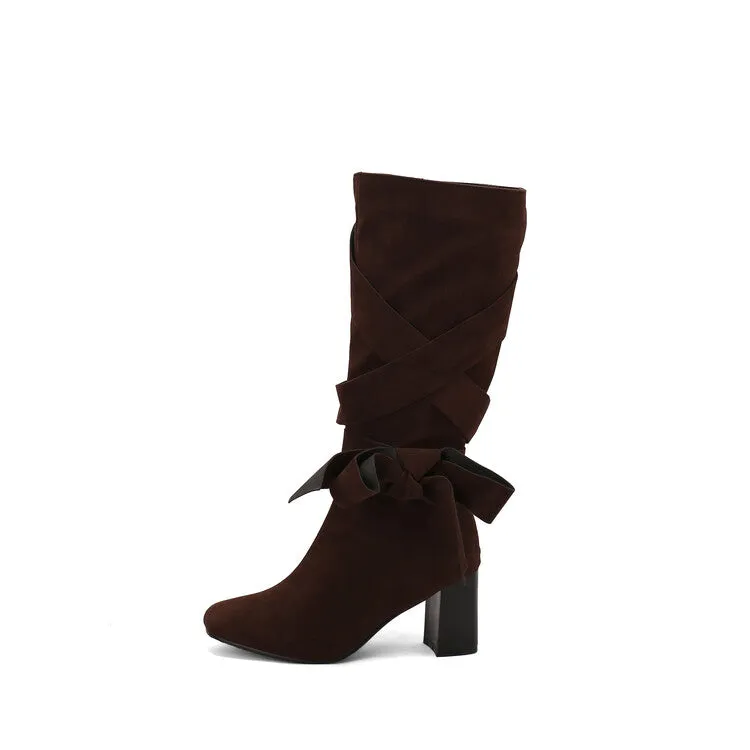 Women's Denim Bows Square Toe Block Heel Knee High Boots