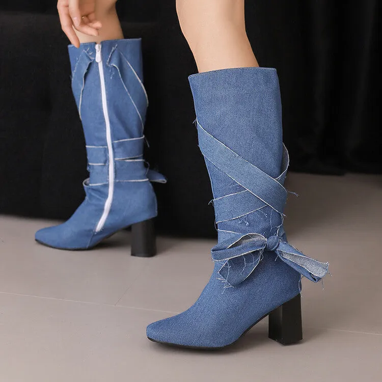 Women's Denim Bows Square Toe Block Heel Knee High Boots