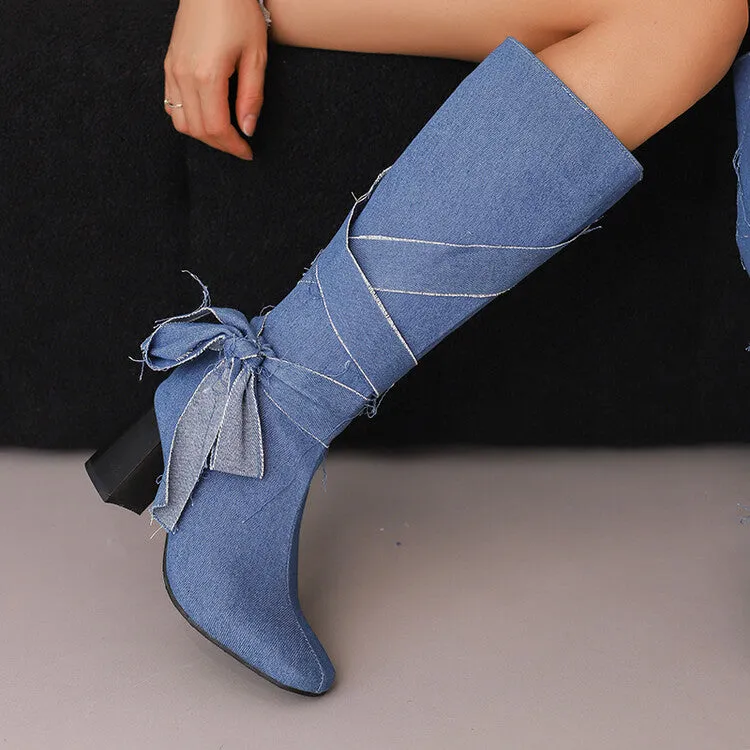 Women's Denim Bows Square Toe Block Heel Knee High Boots