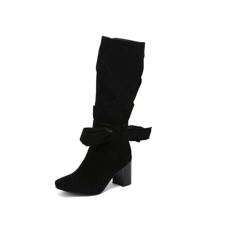 Women's Denim Bows Square Toe Block Heel Knee High Boots