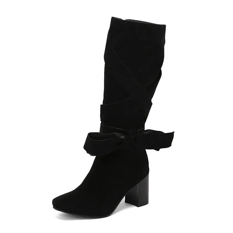 Women's Denim Bows Square Toe Block Heel Knee High Boots