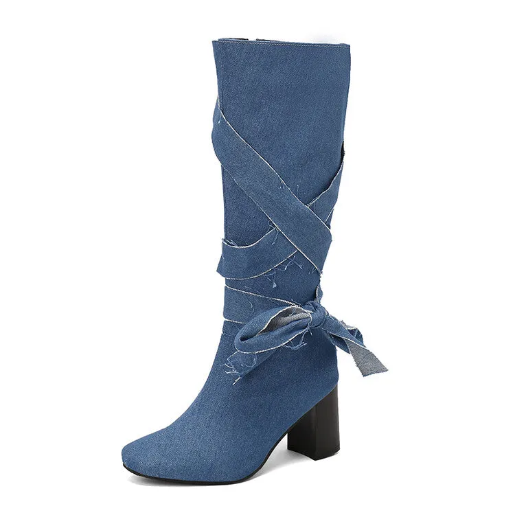 Women's Denim Bows Square Toe Block Heel Knee High Boots