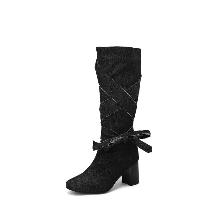 Women's Denim Bows Square Toe Block Heel Knee High Boots