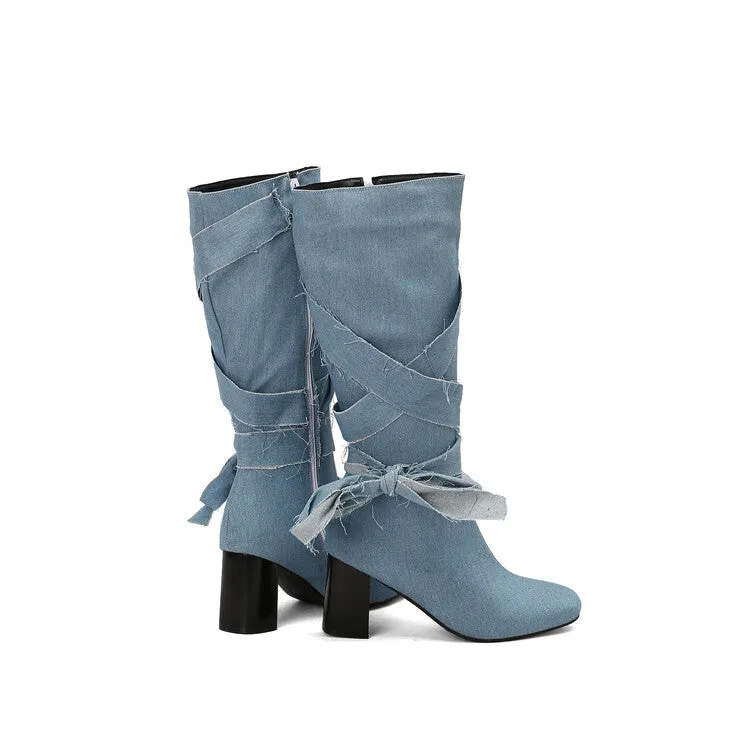 Women's Denim Bows Square Toe Block Heel Knee High Boots