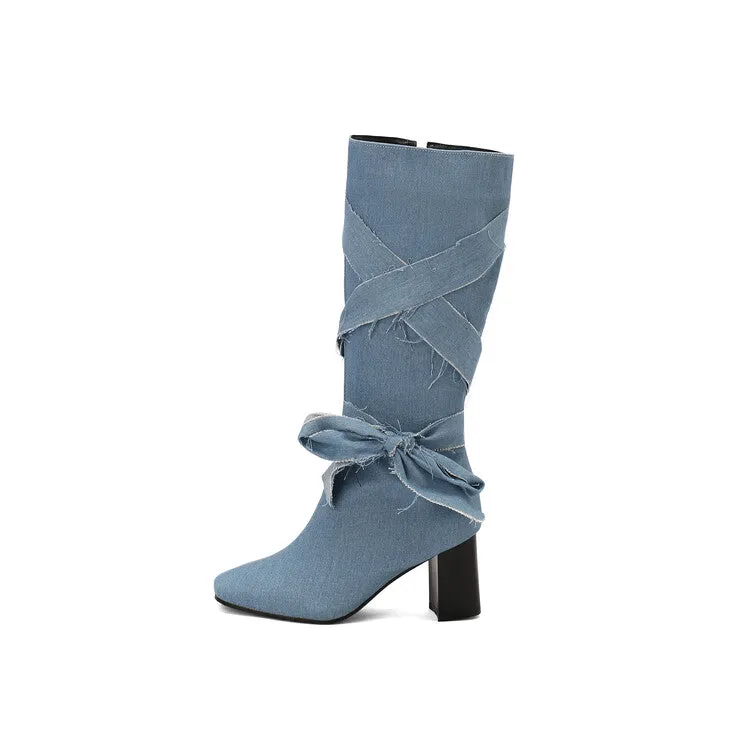 Women's Denim Bows Square Toe Block Heel Knee High Boots