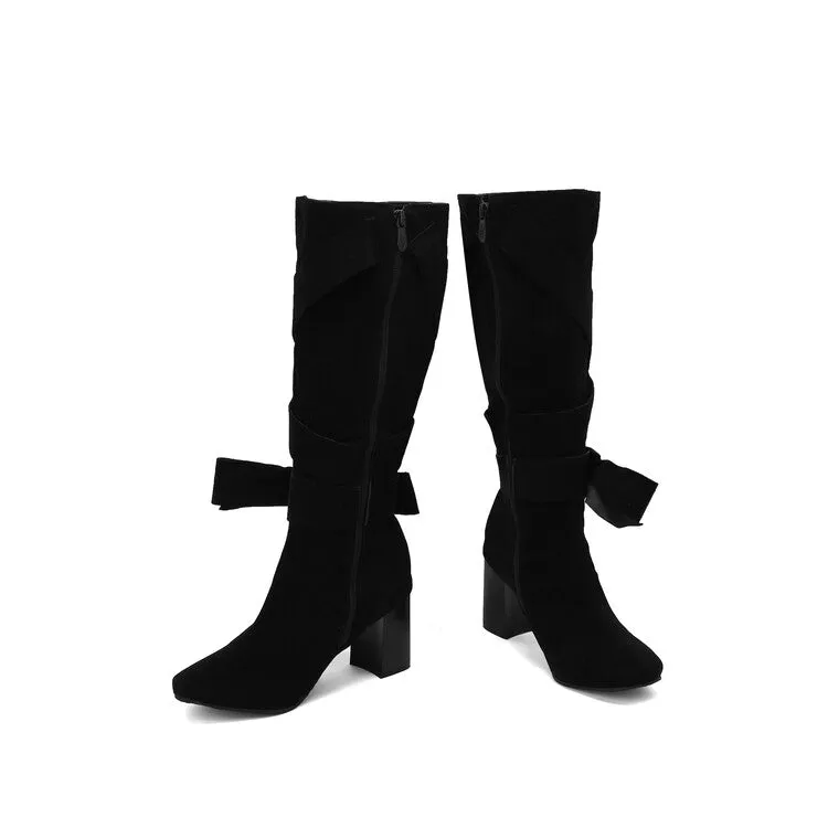 Women's Denim Bows Square Toe Block Heel Knee High Boots