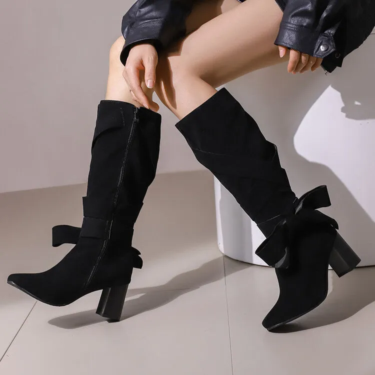 Women's Denim Bows Square Toe Block Heel Knee High Boots