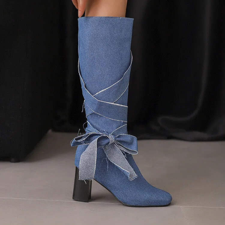 Women's Denim Bows Square Toe Block Heel Knee High Boots