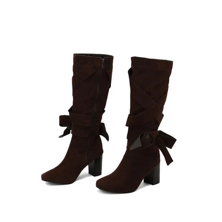 Women's Denim Bows Square Toe Block Heel Knee High Boots