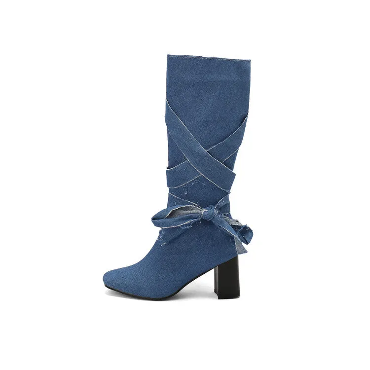 Women's Denim Bows Square Toe Block Heel Knee High Boots
