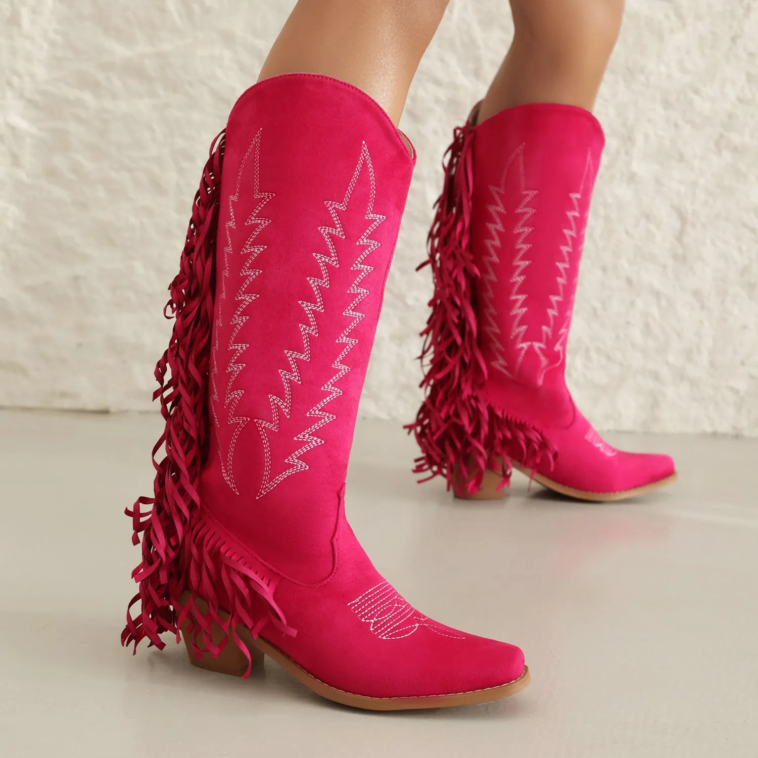 Women's Embroider Tassel Thick Heel Knee High Western Boots