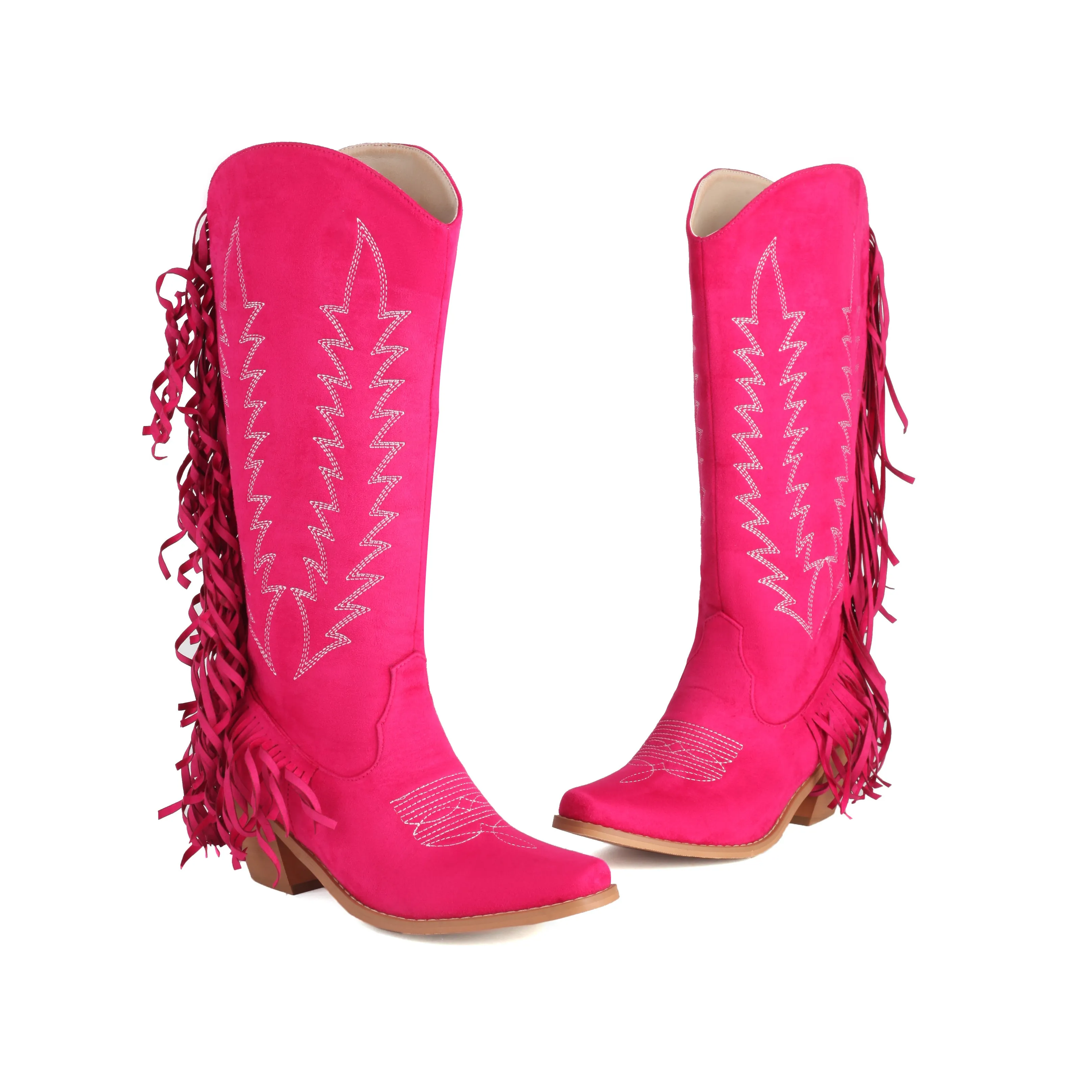 Women's Embroider Tassel Thick Heel Knee High Western Boots