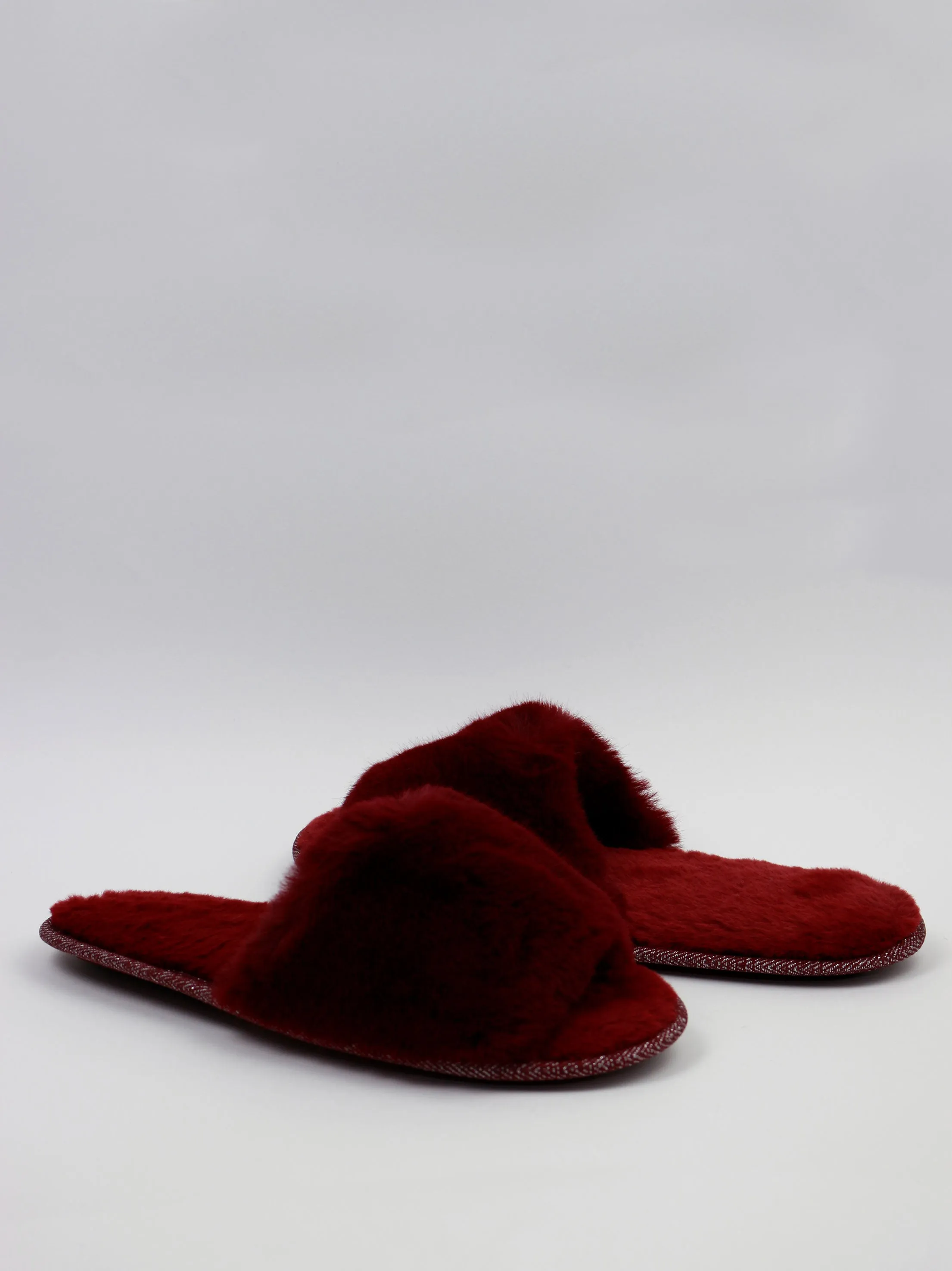 Women's Faux Fur Open Toe Slippers,Burgundy