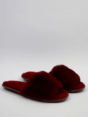 Women's Faux Fur Open Toe Slippers,Burgundy