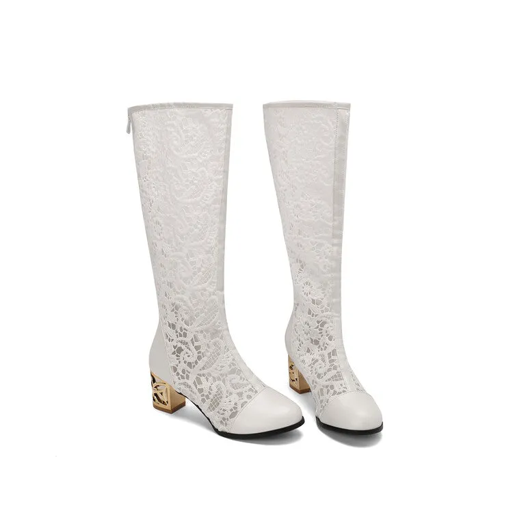 Women's Flowers Mesh Round Toe Block Heel Knee High Boots