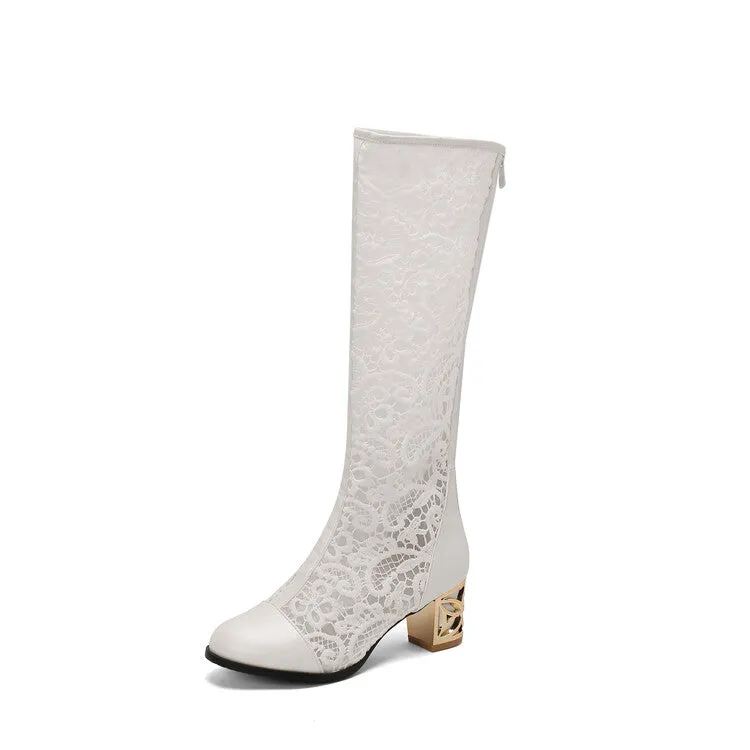 Women's Flowers Mesh Round Toe Block Heel Knee High Boots