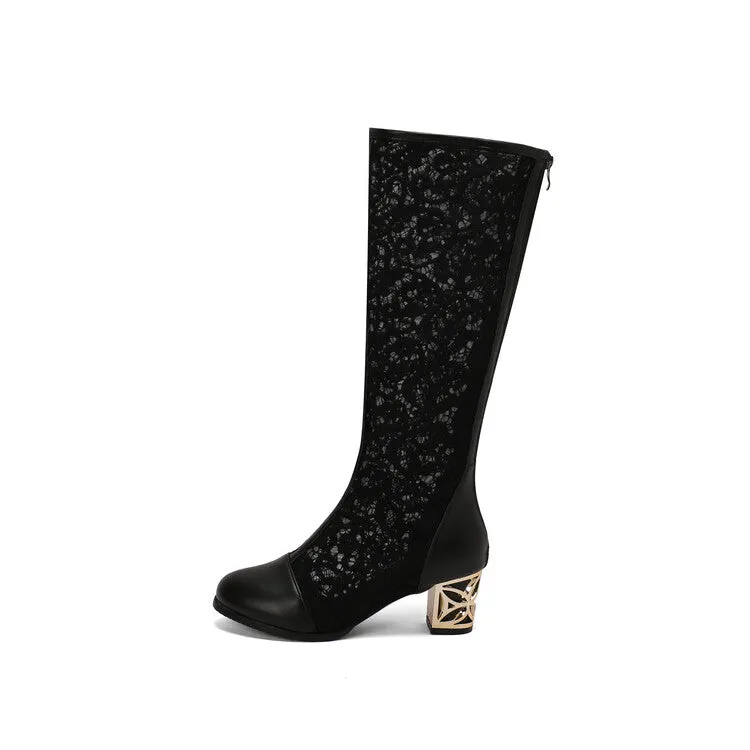 Women's Flowers Mesh Round Toe Block Heel Knee High Boots