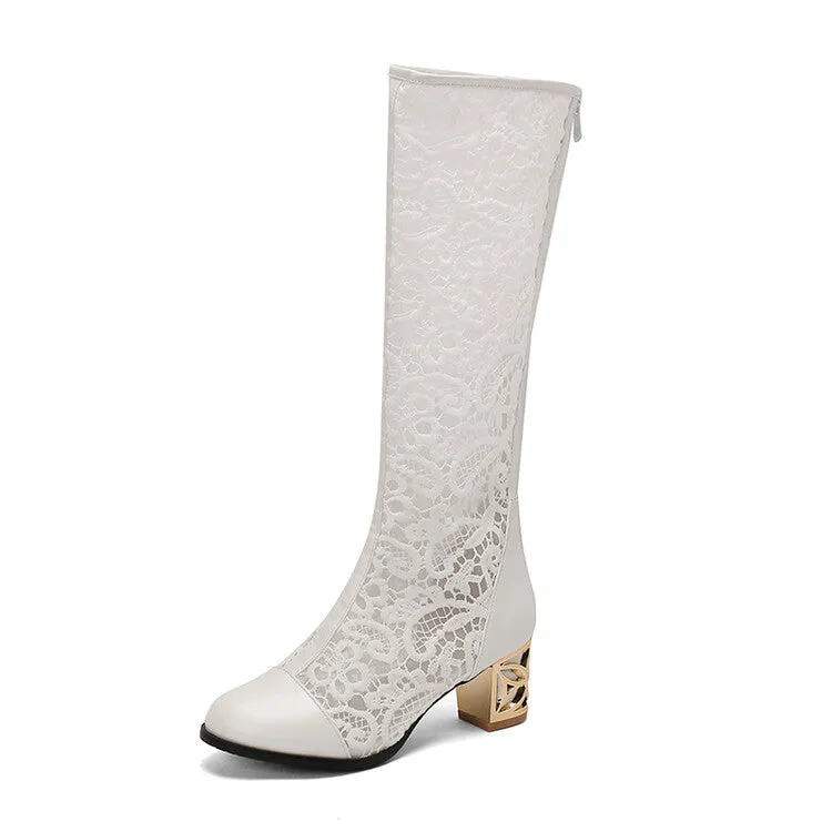 Women's Flowers Mesh Round Toe Block Heel Knee High Boots