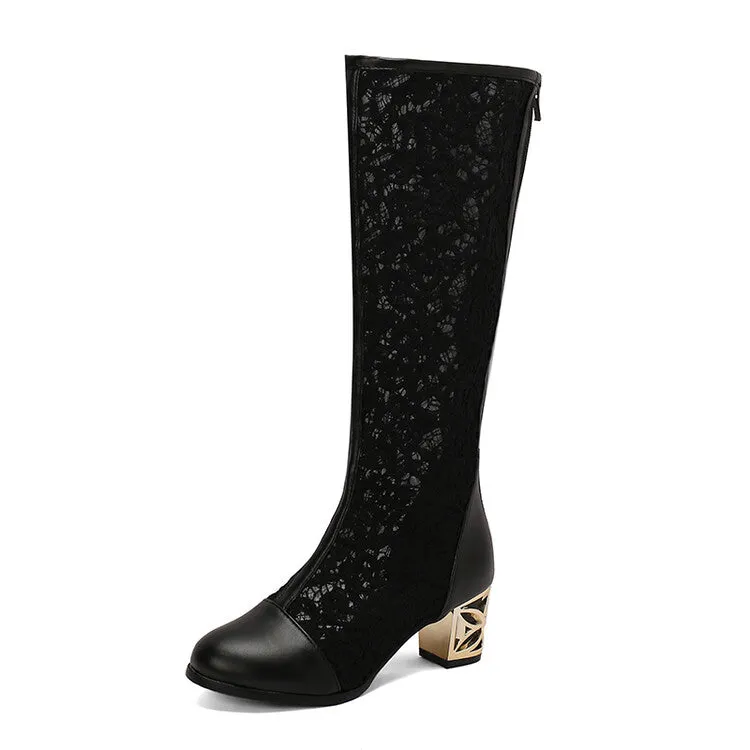Women's Flowers Mesh Round Toe Block Heel Knee High Boots