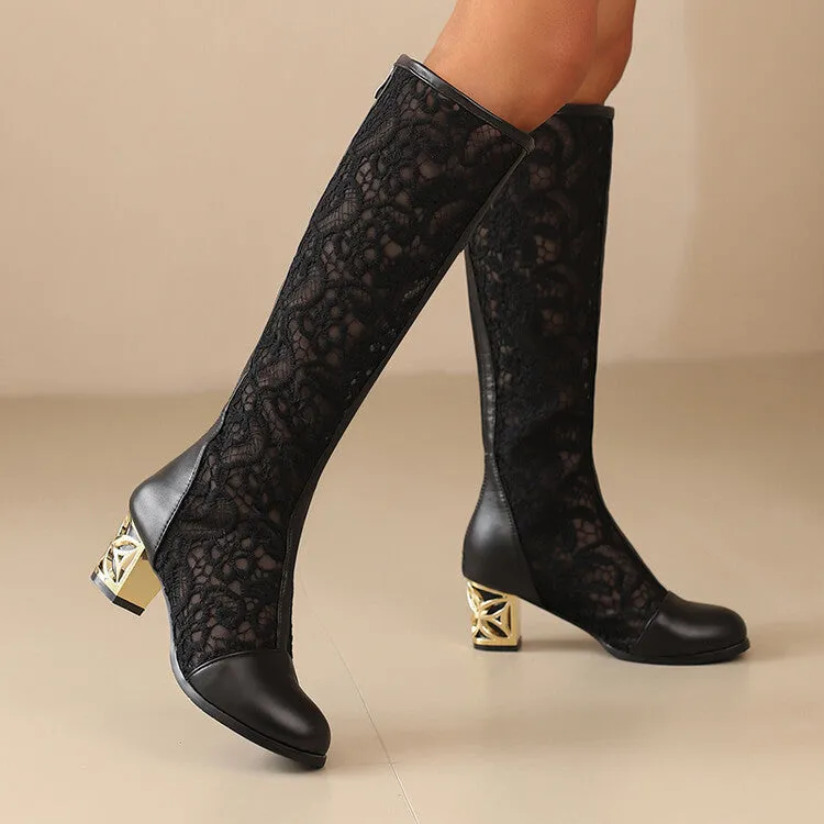 Women's Flowers Mesh Round Toe Block Heel Knee High Boots