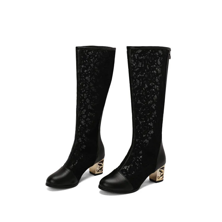 Women's Flowers Mesh Round Toe Block Heel Knee High Boots