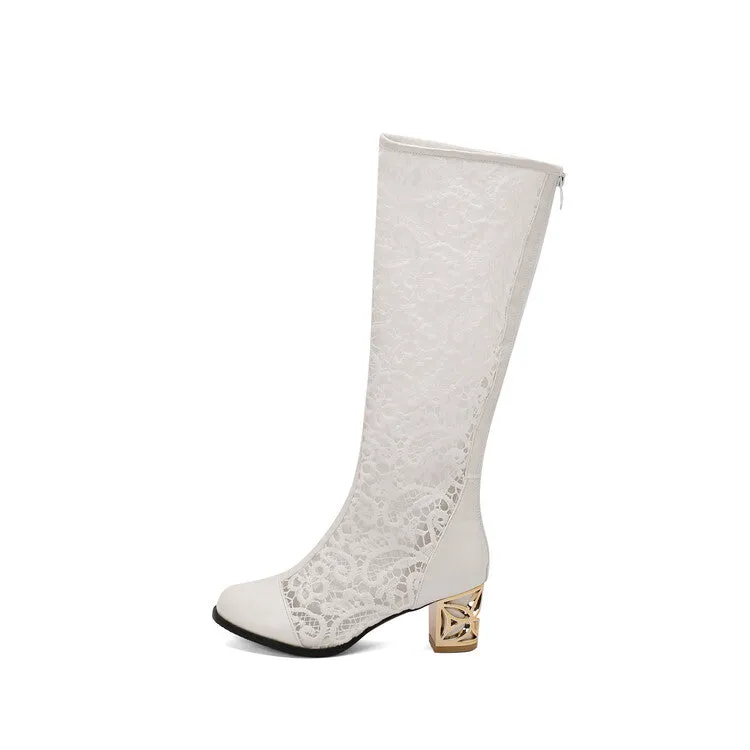 Women's Flowers Mesh Round Toe Block Heel Knee High Boots