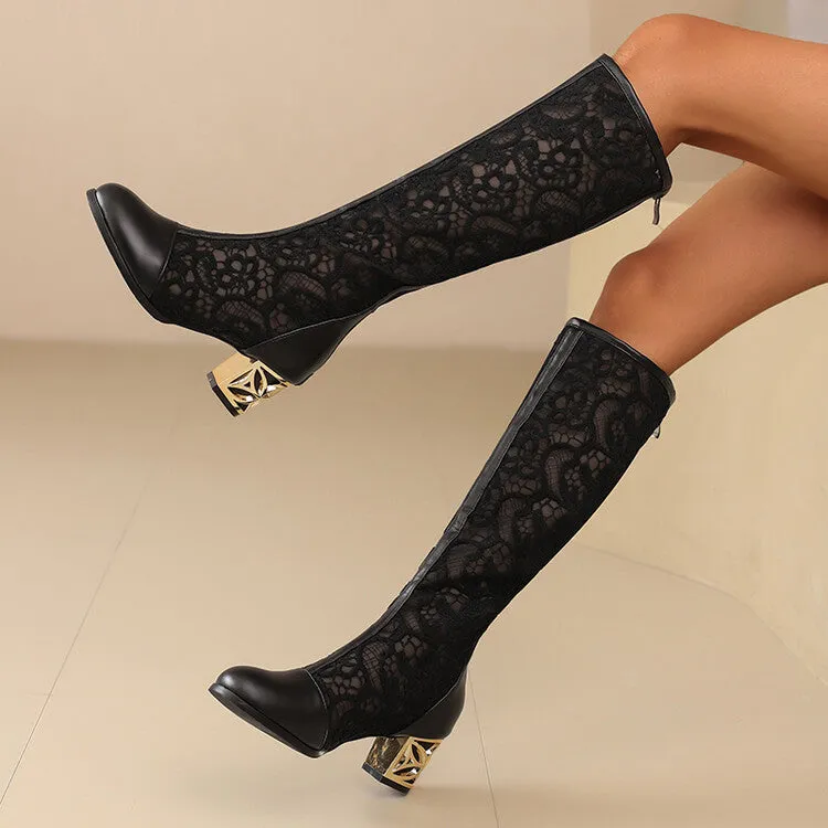 Women's Flowers Mesh Round Toe Block Heel Knee High Boots