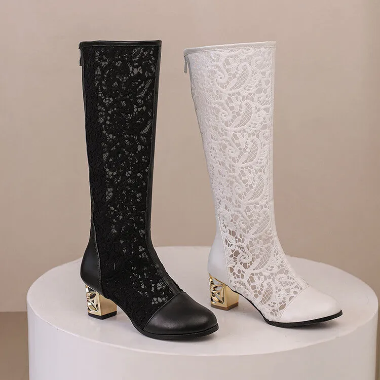 Women's Flowers Mesh Round Toe Block Heel Knee High Boots