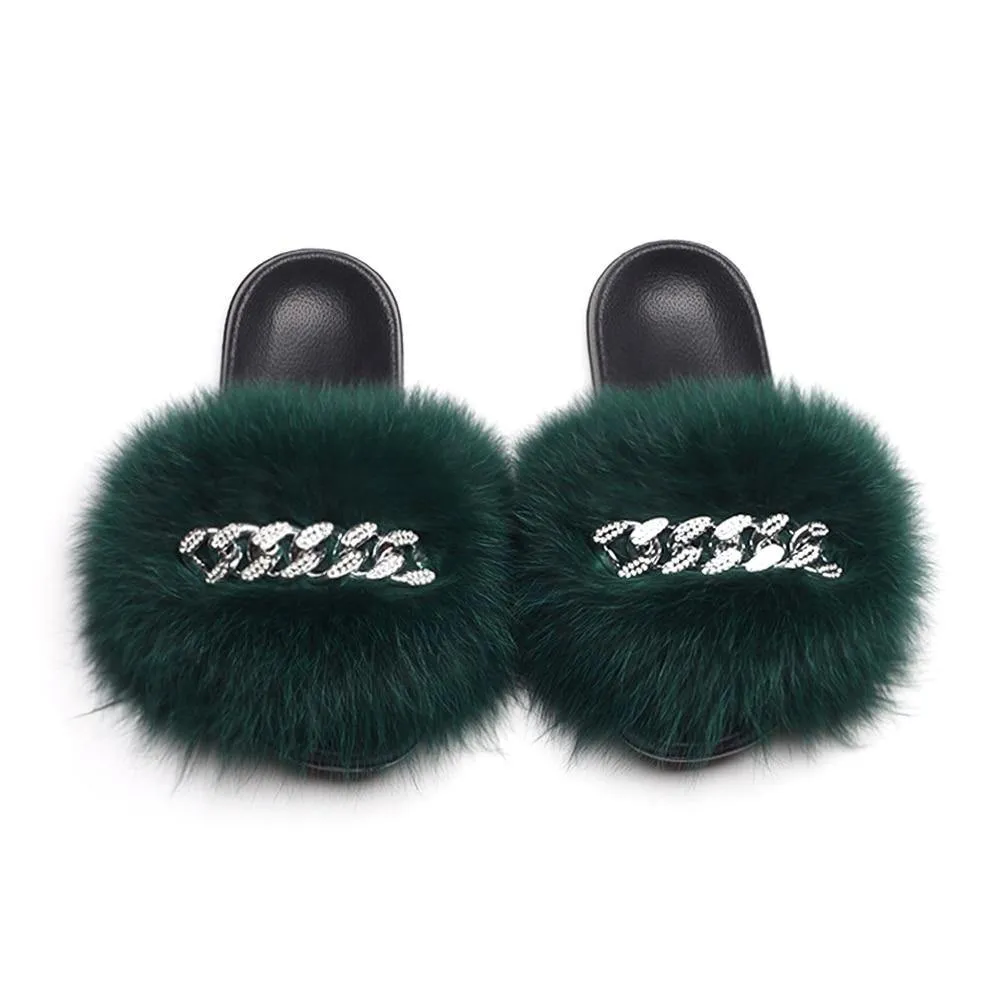 Women's Fluffy Fur Slippers W/ Chain Detail