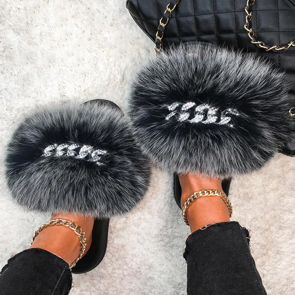 Women's Fluffy Fur Slippers W/ Chain Detail